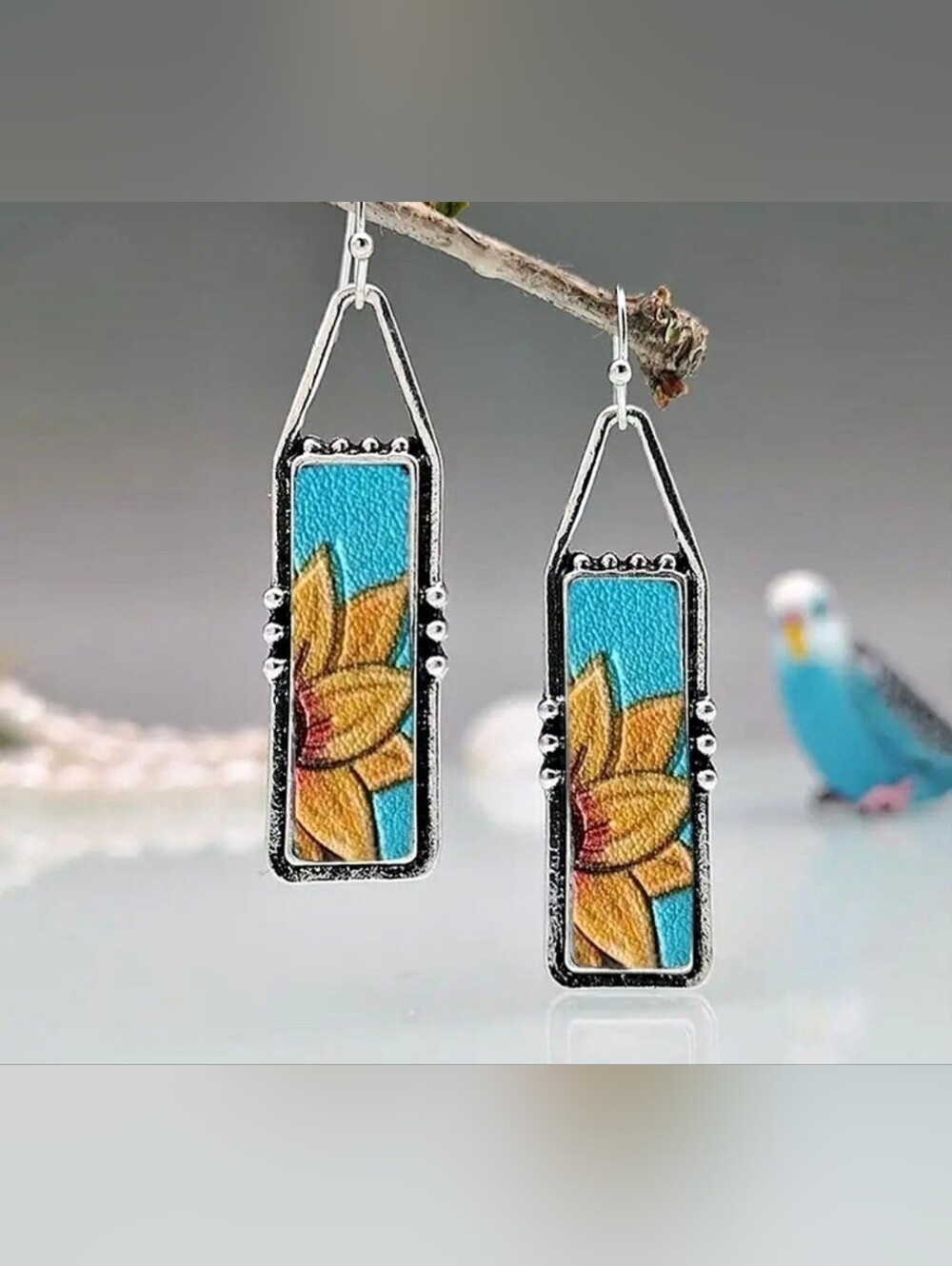 Yellow & Turquoise Floral Rectangle Drop Earrings- NEW!